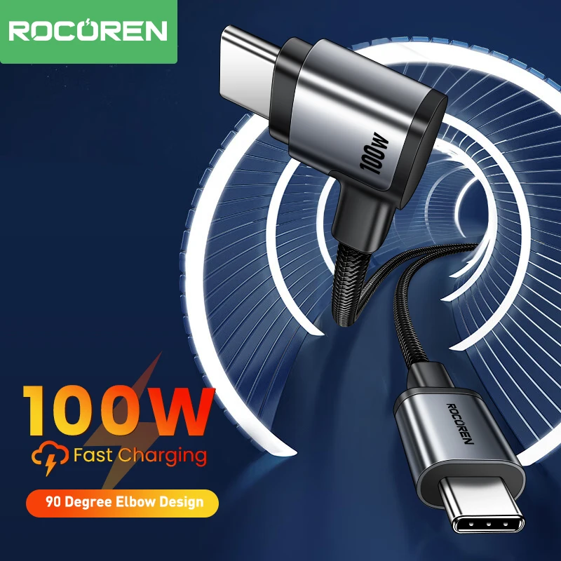 Rocoren 90 Degree USB Type C Cable Elbow Type-C USBC PD100W Fast Charging Cable For iPhone 15 Pro Samsung Xiaomi Data Wire Cord