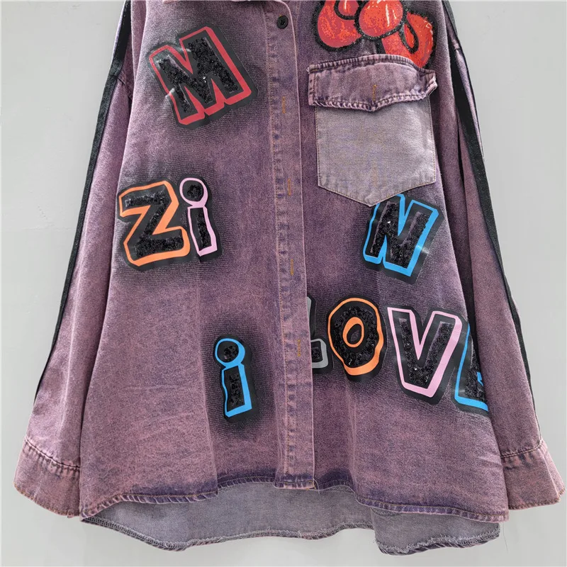 Women's Trendy Brand High-end Long-sleeves Single-breasted Blouse Coat 2025 Autumn New Y2k Denim Shirt Purple Lapel Top Jacket