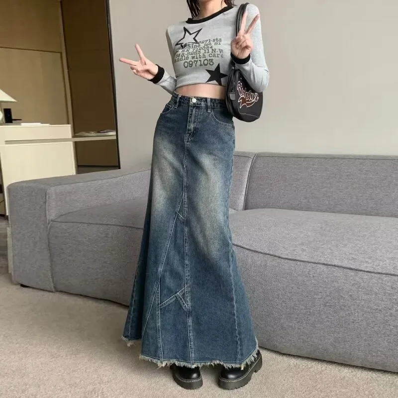 2026 New Split-ended A Denim Skirt for Women with A Word High Waist and Thin Irregular Rough Edge Medium and Long Skirt