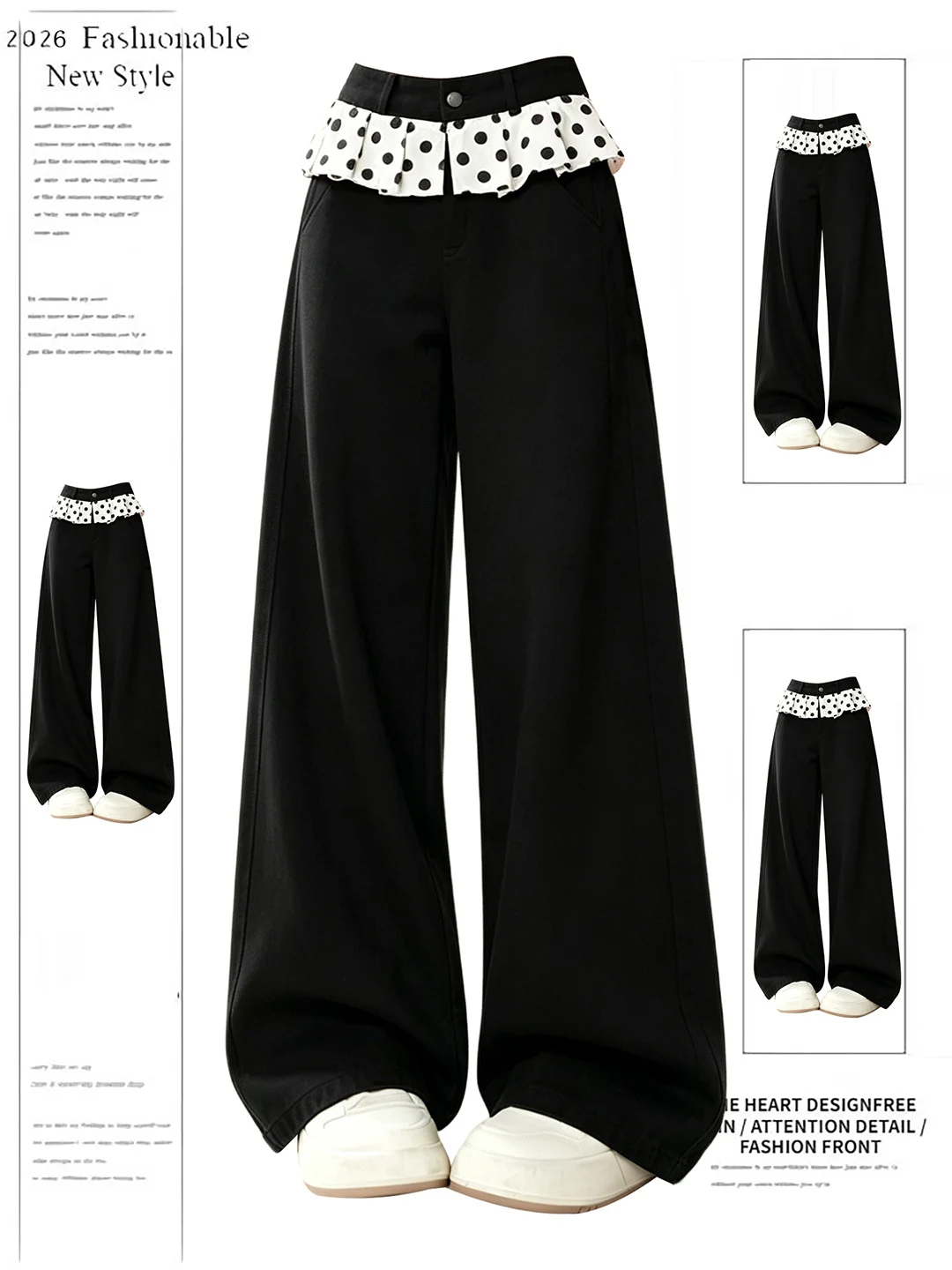 

Black Straight Leg Casual Pants Women's Summer New Design Sense Loose Wide Leg Pants Splice High Waist Button Polyester Fiber
