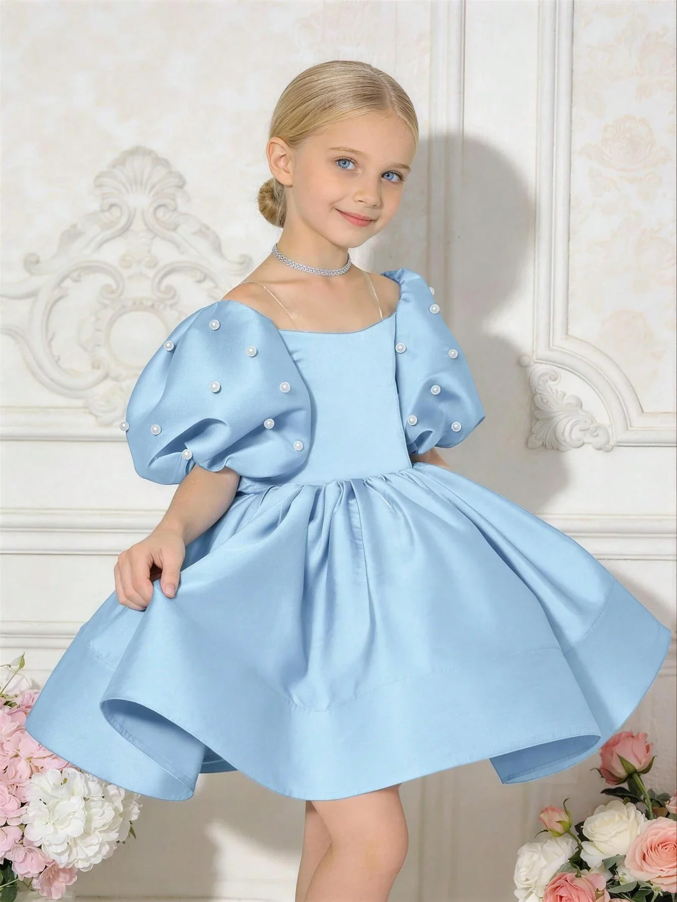 

Light Blue Pearl Puff Sleeve Bowknot Party Dress For Women