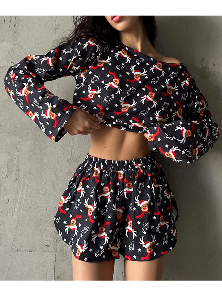 Women s Christmas Loungewear Set Reindeer Print Long Sleeve Cropped Tops with Loose Shorts 2 Pcs Set