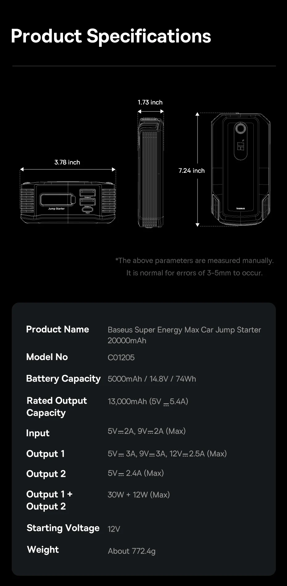 Baseus 2000A Auto-Starthilfe Powerbank 20000mAh 12V Notfall-Batterie-Booster für Benzin- und Dieselmotoren – Detail 10