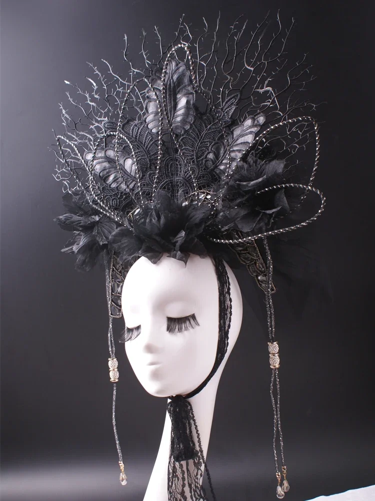 Stage Performance Black Exaggerated Ornaments Hair Accessories Runway Model Catwalk Headdress Flower