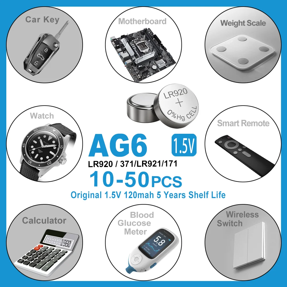 10-50PCS 1.55VAG6 120mAh371 Button Batteries SR920SW LR920 SR927 171 370 L921 LR69 SR920  For Watch Toys Remote Cell Coin Batter