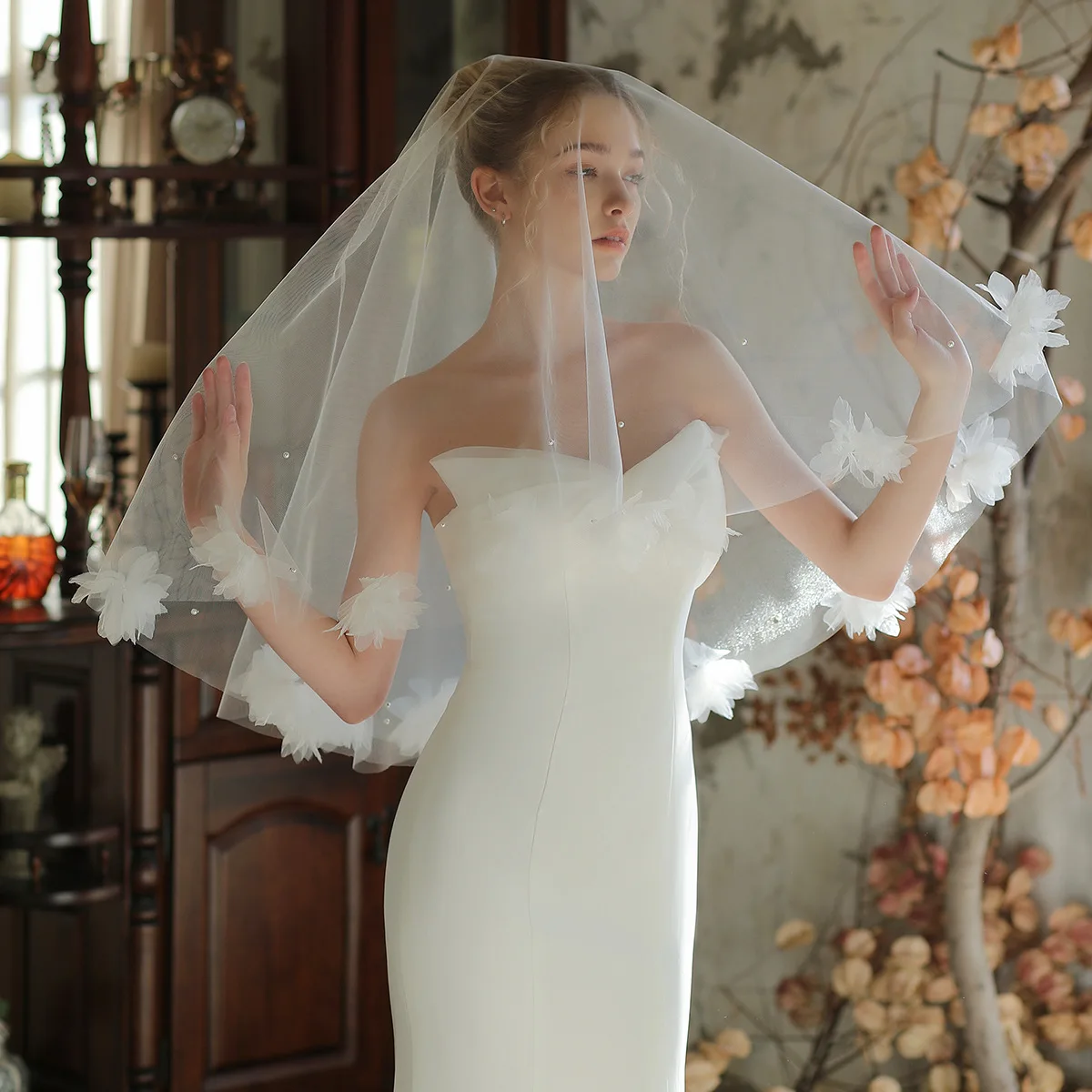 V386 Super Fairy Single Layer Flower Beaded Bridal Veil White Single Layer Vintage Wedding Photo Headpiece Without Hair Comb