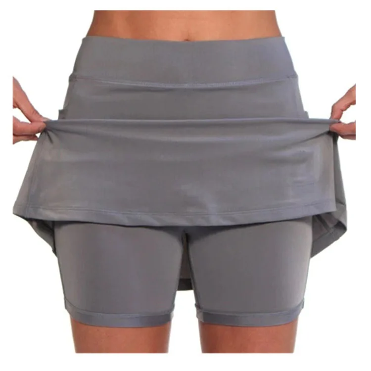 

Mid Waist Fake Two Piece Shorts Skirt Solid Color Side Pockets Double-Layer Sport Women Fitness Shorts Skirt Sportwear Plus Size