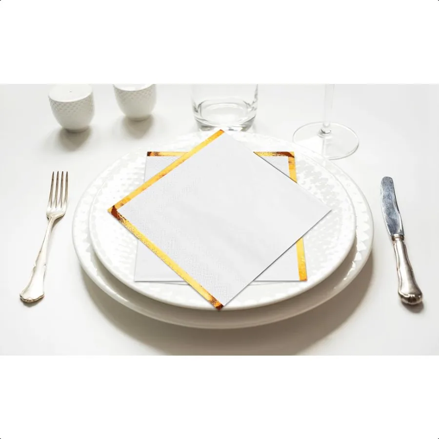 กระดาษเช็ดปากค็อกเทล 200 ชิ้น กระดาษเช็ดปากสีขาว 2 ชั้น ขอบสีทอง กระดาษเช็ดปากเครื่องดื่มลายฟอยล์สีทอง กระดาษเช็ดปากตกแต่งสำหรับงานเลี้ยงค็อกเทล