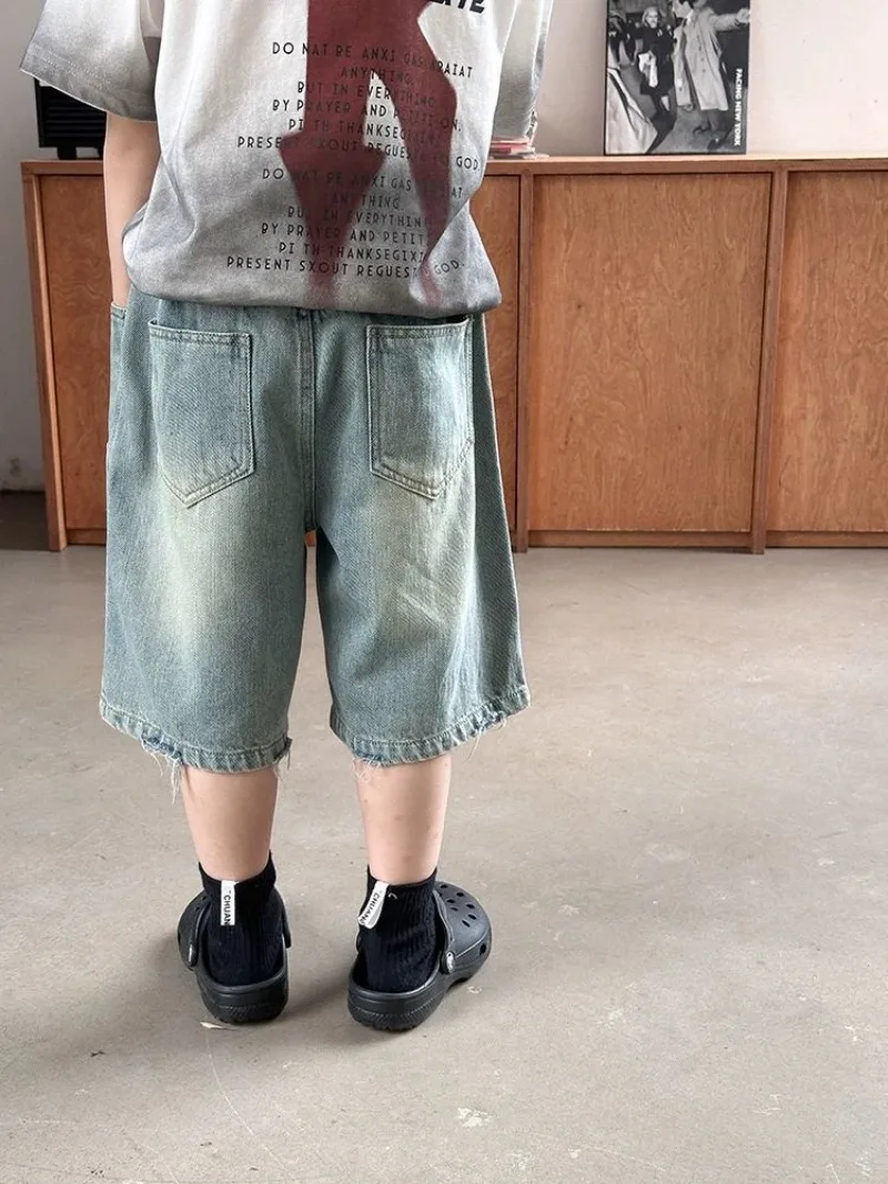 Boys' Summer Sand Washed Cotton Ripped Denim Shorts Straight Leg 5 Inch Kids' Casual Shorts​