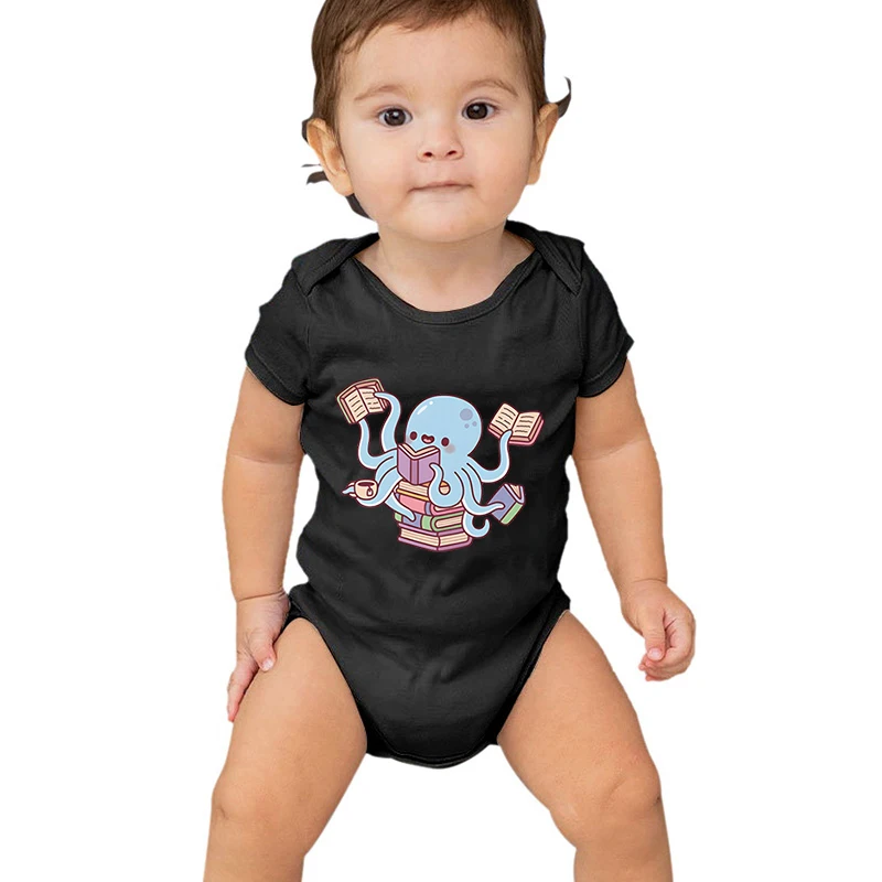 

Cute Octopus Reading Books Graphics Bodysuits Cartoon Baby Clothing Sets Cotton Boy Girl Romper Short Sleeve Newborn Jumpsuit