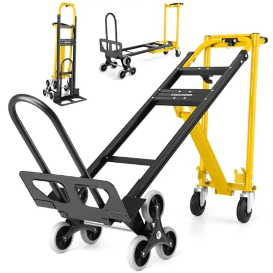 

4-in-1 Heavy Duty Industrial Hand Truck Dolly 1000 LBS Yellow Stair Climbing Utility Cart Converts to Platform Cart Folding Des