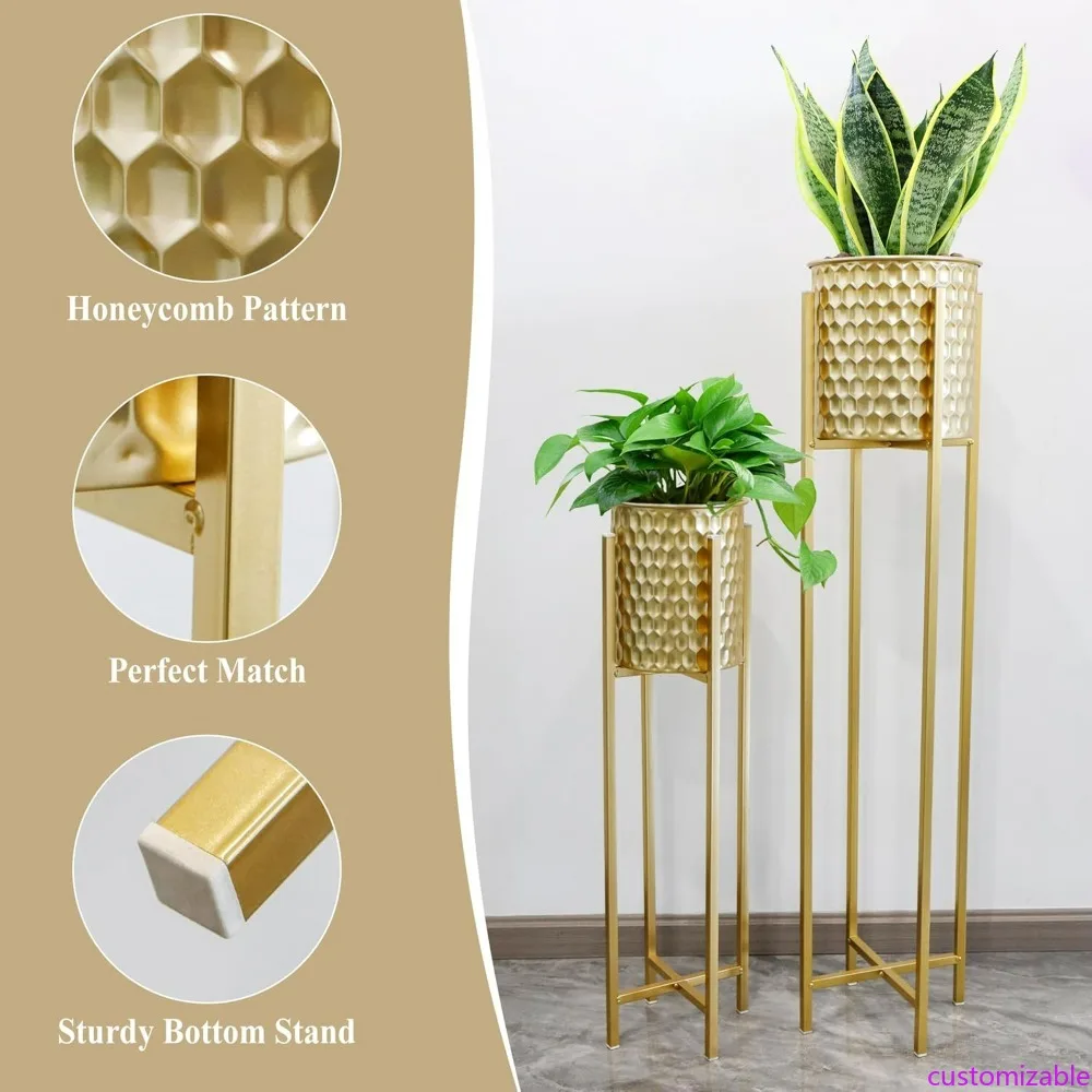 

Pair of Metal Gold Planters with Stand for Indoor and Outdoor Use - Modern 30 & 40 Tall Planters for Flowers and Plants