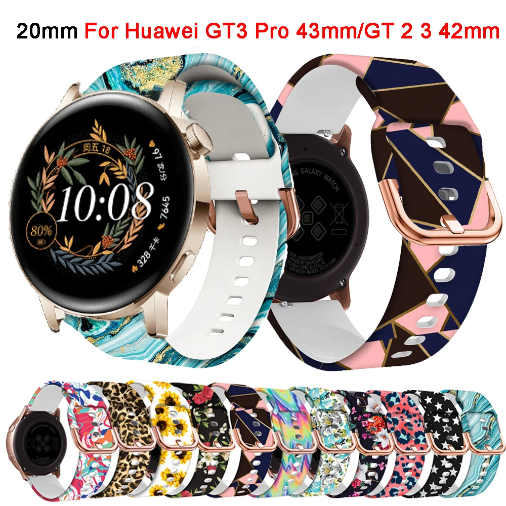 สายนาฬิกาข้อมือซิลิโคน20มม. สำหรับนาฬิกา Huawei GT3 GT 3 Pro สาย43มม. สาย Huawei GT2 GT 2 42มม. สายนาฬิกาอัจฉริยะพิมพ์ลายสปอร์ต