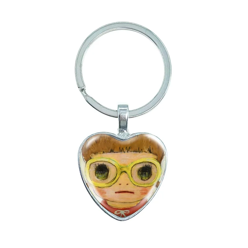 Creative Yoshitomo Nara Keychain Glass Cabochon Heart KeyRing Bag Car Key Chain Ring Holder Charms Jewelry Gifts
