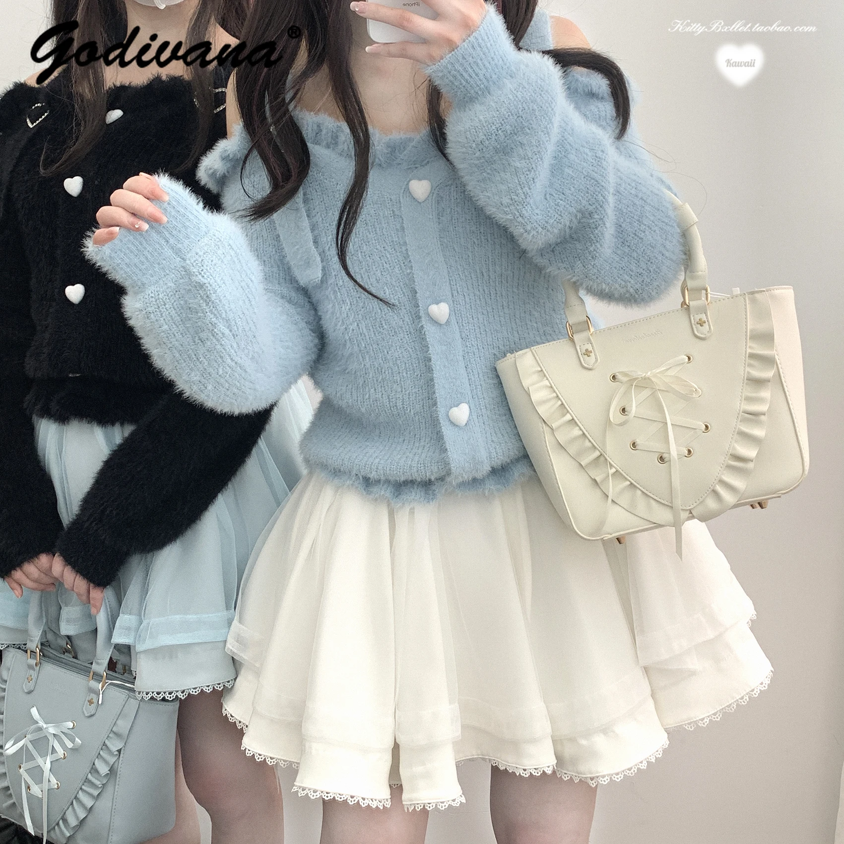 New Autumn and Winter Sweet Girls Plush Heart Off-the-shoulder Loose Knitted Sweater Japanese Mine Women's Lolita Knitted Tops