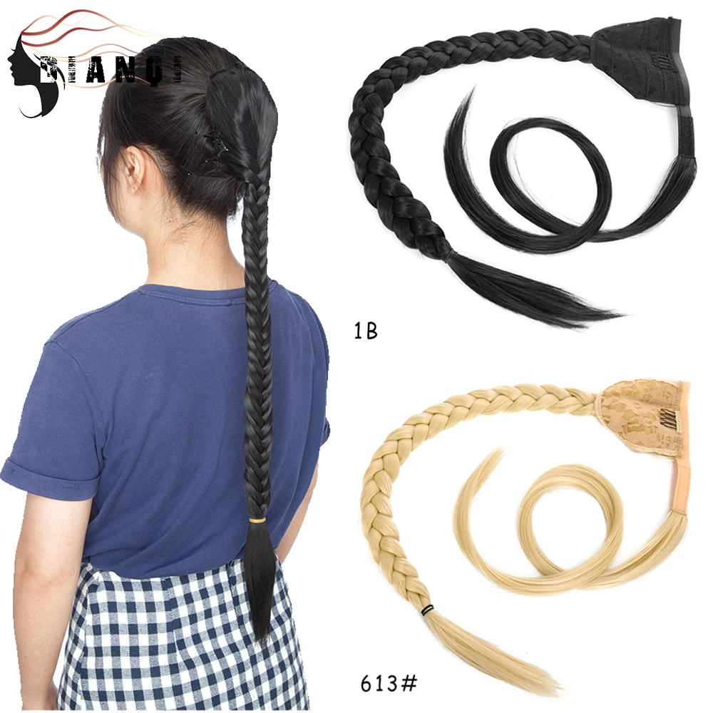 DIAN QI Synthetic Braided Plaited Fishtail Fishbone Velcro Ponytail Clip In Hair Extension Wigs For Black Women