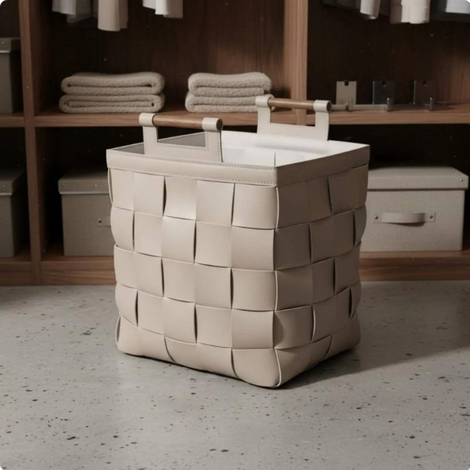 

Woven Leather Basket Luxury Design Leather Storage Bin with Wood Handles Decorative Storage Bin Large Capacity for Bathroom