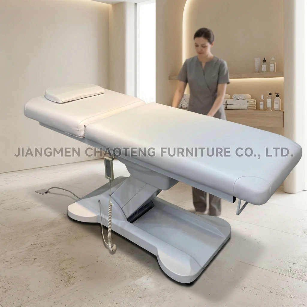Premium Folding Leather Massage Couch, 3 Section Electric Adjustable Metal Frame Bed with High Density Sponge for Salon Use