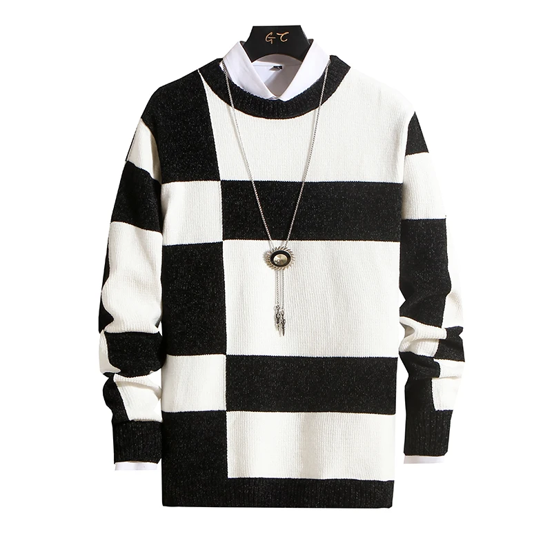 Men's Fashion Long Sleeve Round Neck Black and White Striped Chenille Sweater Autumn/winter Comfort Knit