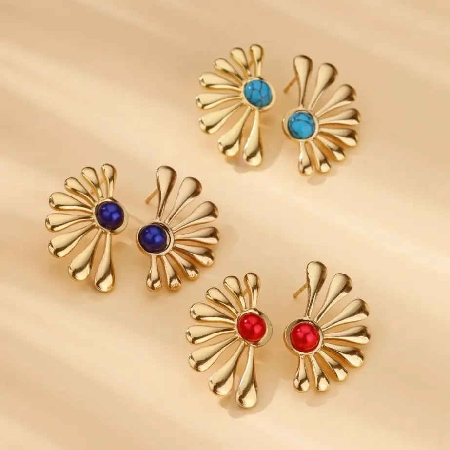 Vintage Blue Artificial Pearl Sun Earrings Stainless Steel Gold Color Earring for Women Vacation Wedding Jewelry Accessorie Gift