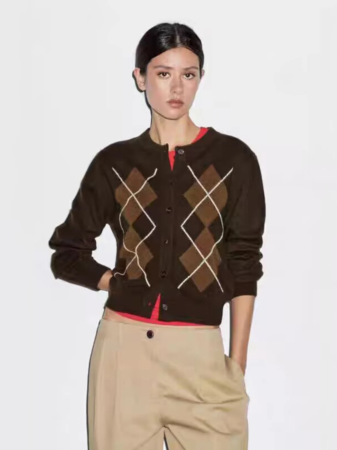 

Soft Knitted round Ne Cheered Outerwear Cardigan Casual Sle Autumn New Arrival Women's Faion Diamond Color Blo Sweater