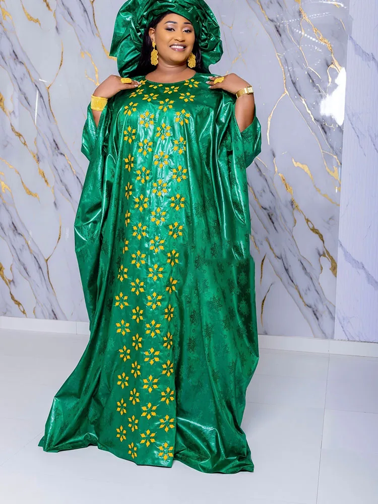 Green African Traditional Wedding Women Daily Party Ankara Women Boubou With Scarf Top Quality Bazin Riche Dashiki Robe