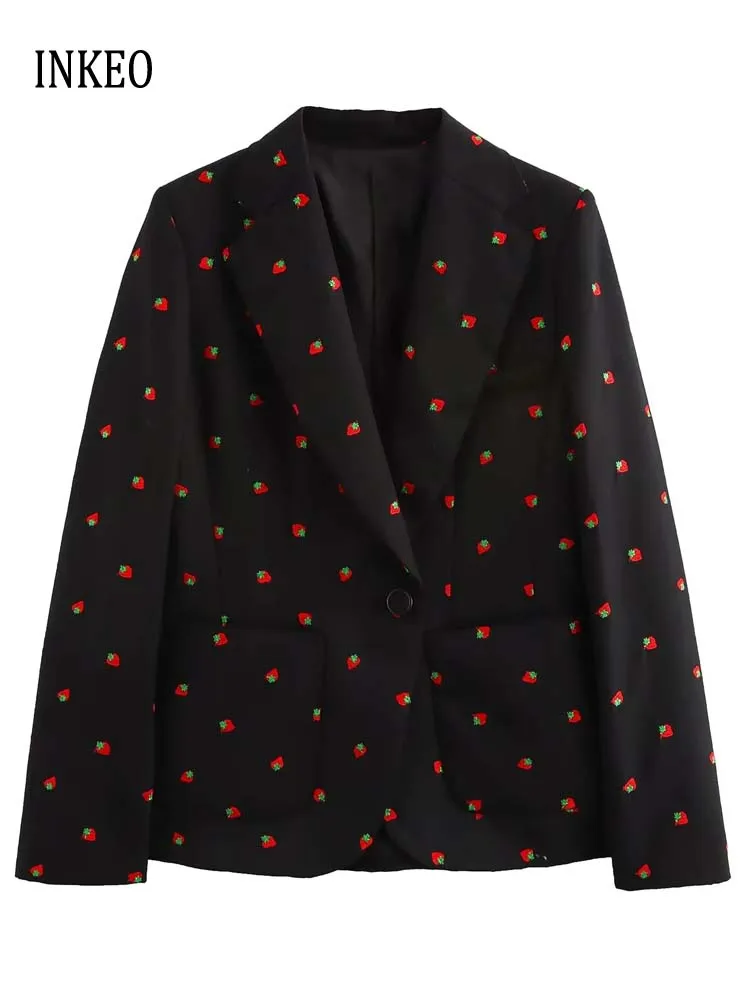 

Women strawberry embroidery 2 Piece set 2025 Spring Single button blazer jacket And High waist skirt Ladies Suit INKEO 4O121