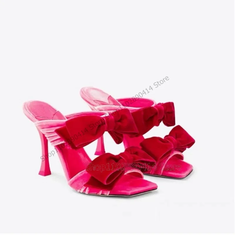 Rose Red Corduroy Bow Knot Decor Open Toe Slippers Slip On Women Shoes Thin High Heel Fashionable Party 2023 Zapatos Para Mujere