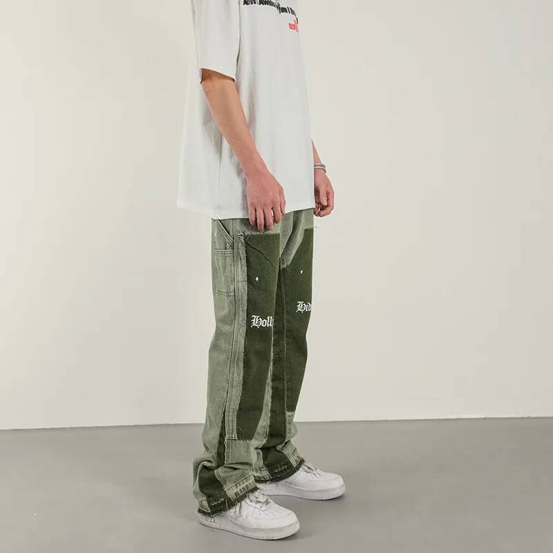 American High Street Heavy Industry Washed Jeans Retro Lumberjack Splicing Flared Pants Tide Baggy-Jeans für Herren