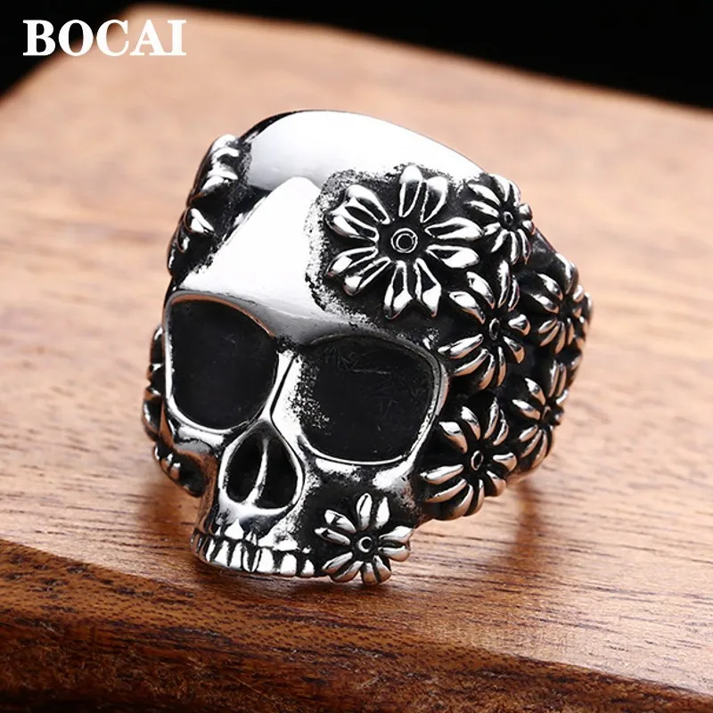 

BOCAI New Real S925 Silver Skull Ring for Men Handmade Pattern Retro Personalized Jewelry Accessories Birthday Gift