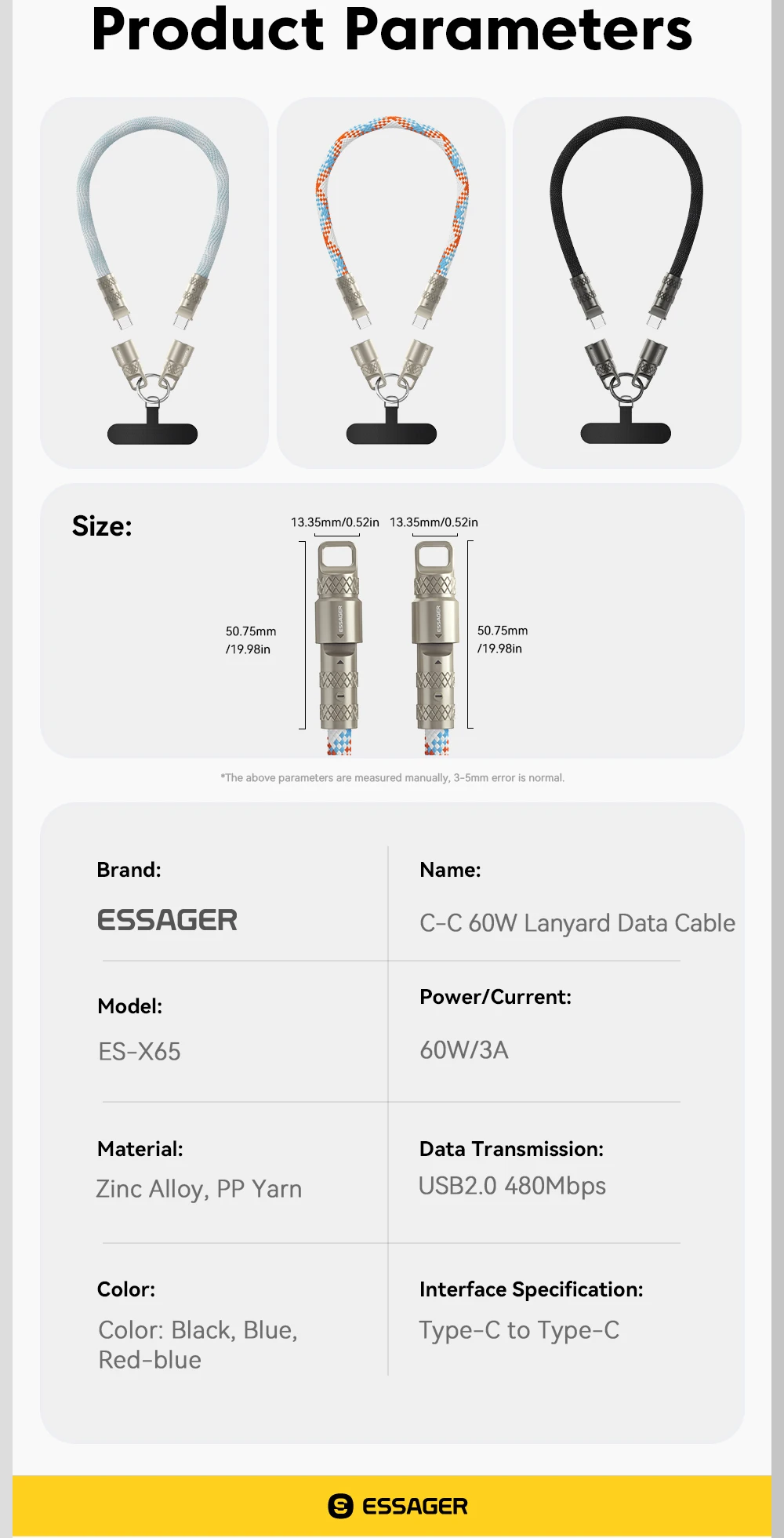 Essager 2 in 1 60W USB-C to Type-C Lanyard Data Cable 3A PD Fast Charging For iPhone 16 15 Samsung Huawei Laptops Anti-lost Rope