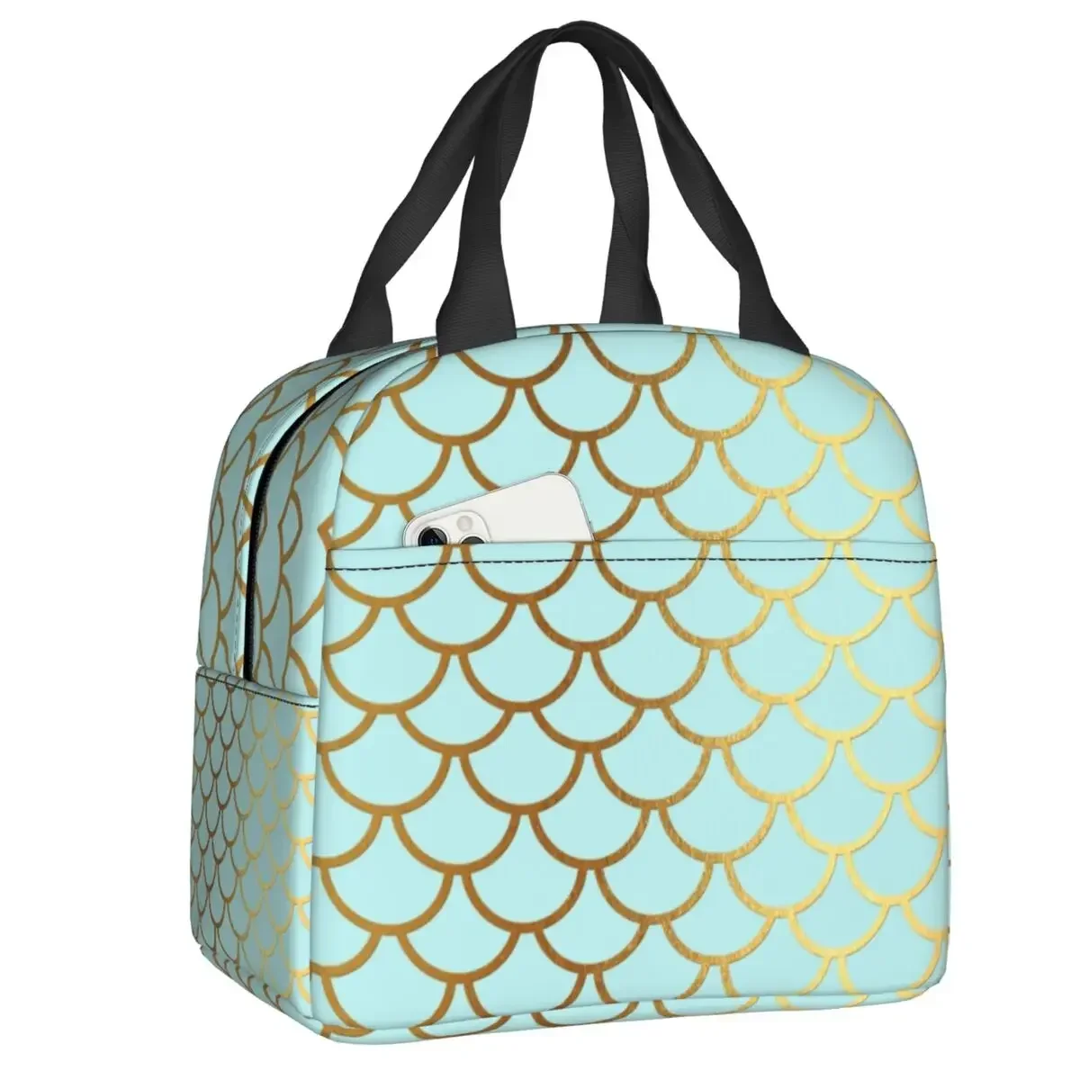 Turquoise Teal And Gold Glitter Mermaid Scales Insulated Lunch Bag Women Portable Cooler Thermal Lunch Tote Office Work