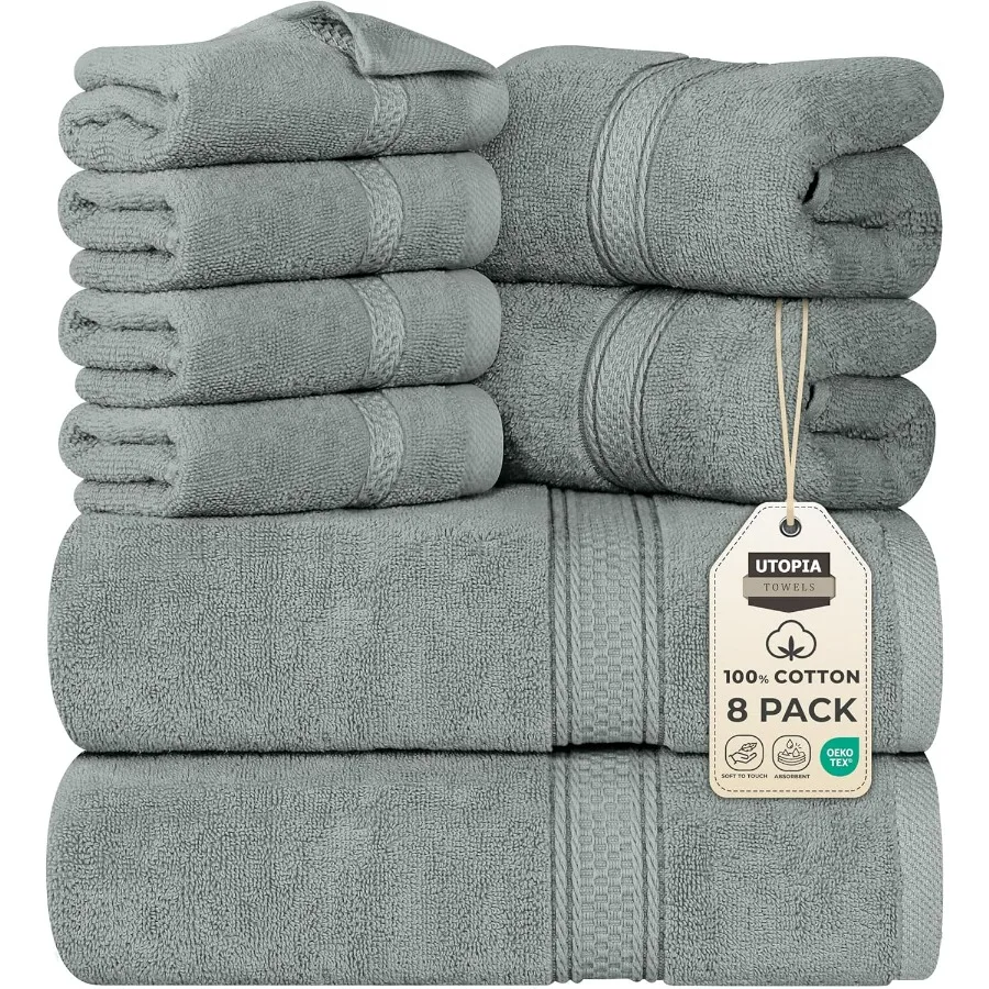 

8 Piece Premium Towel Set for Bathroom Gym Hotel and Spa: Includes 2 Bath Towels 2 Hand Towels and 4 Wash Cloths 600 GSM 100 Ri