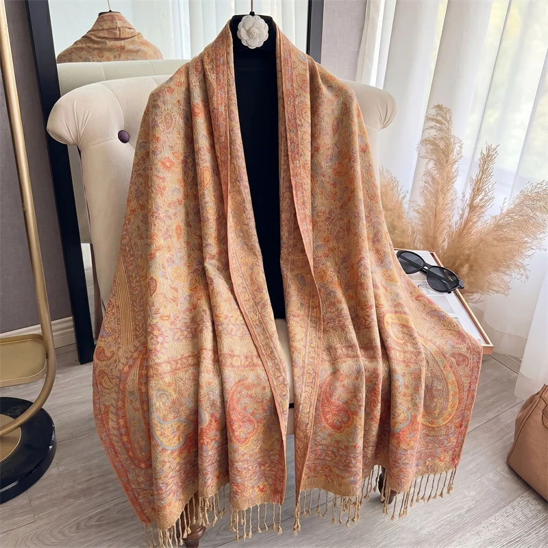 Ethnic Camel Paisley 2026 Jacquard Hijab Shawl Women Soft Wrap Scarf For Eid Ramadan Daily Prayer Modest Wear Premium Gift
