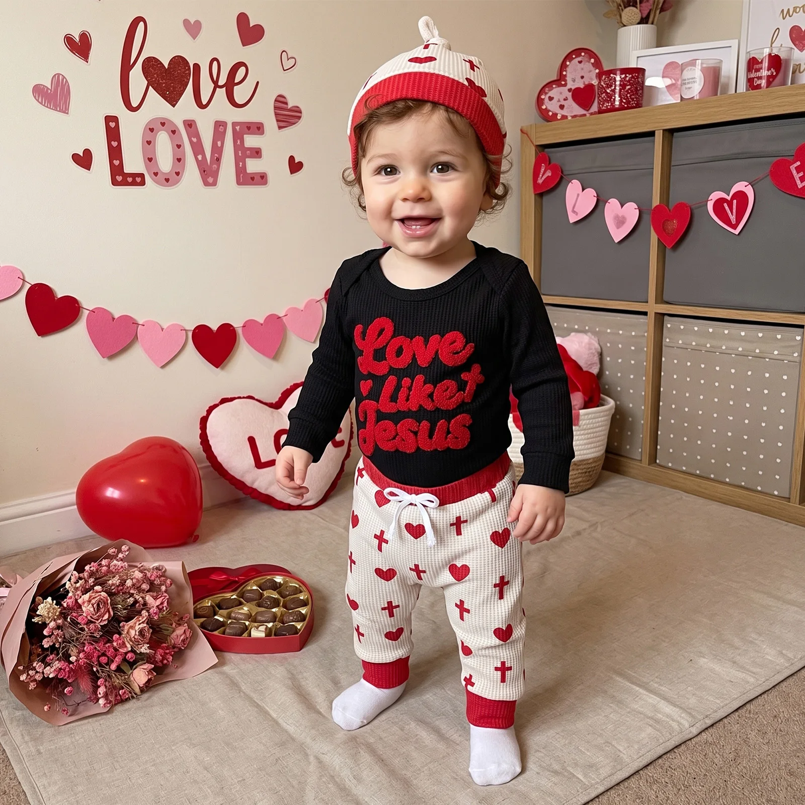 Valentine Day Baby Boy Outfit Embroidery Letters Romper Heart Pants Hat