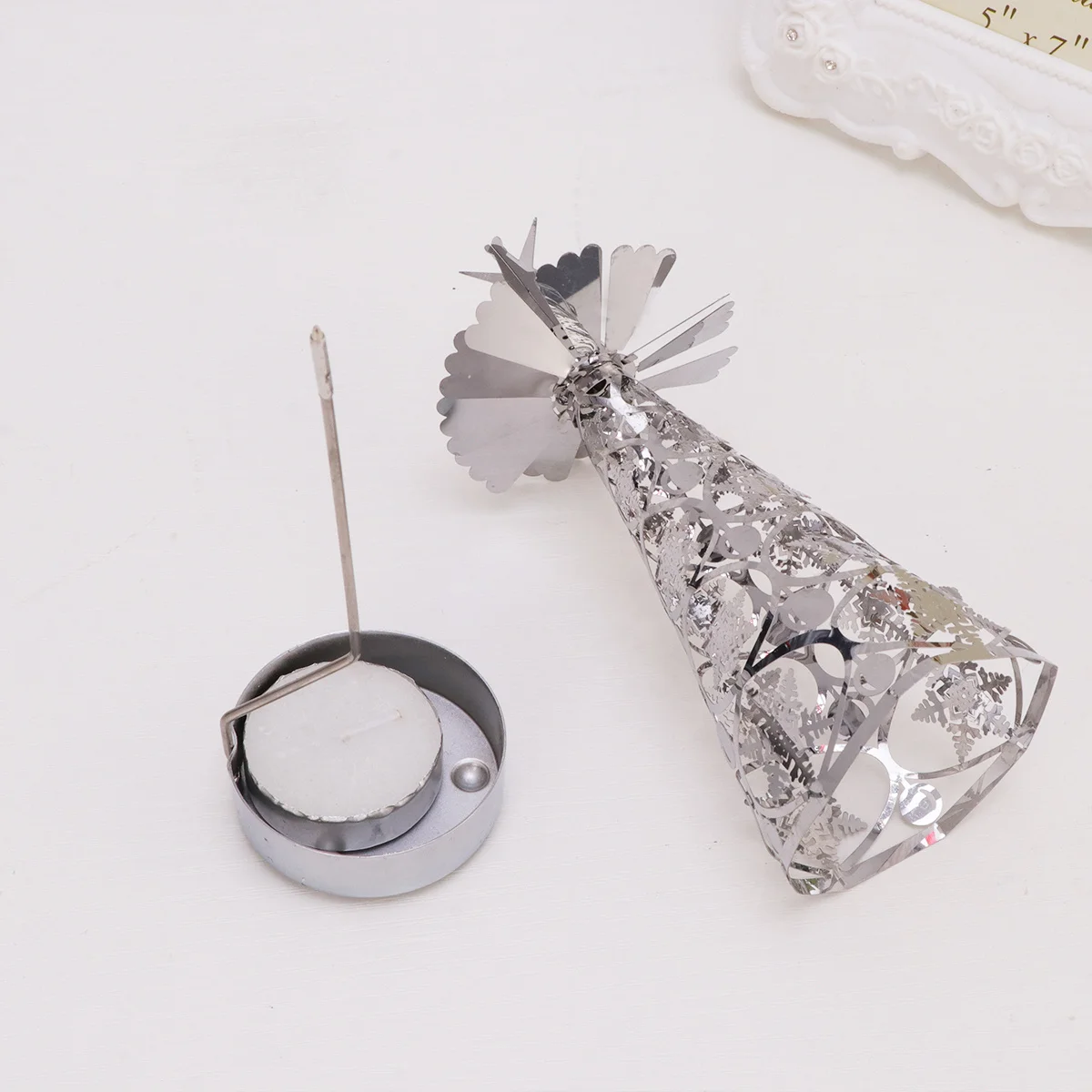 

Christmas Rotation Candlestick Silver Metal Holder Tree Shaped Revolving Tea Light Holder Holiday Decor Snowflake Pattern