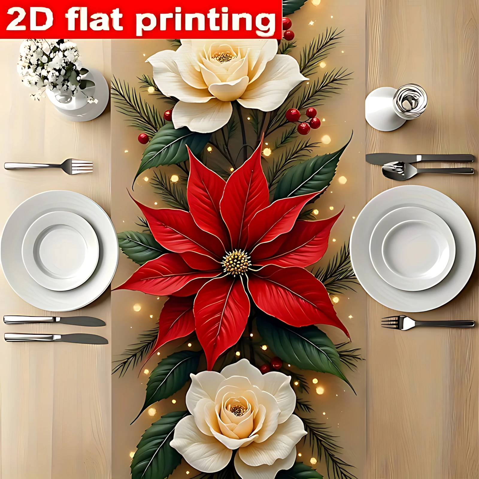 Elegant White Rose Pine Table Runner 2D Flat Print Polyester Table Decor for Home Dining Room