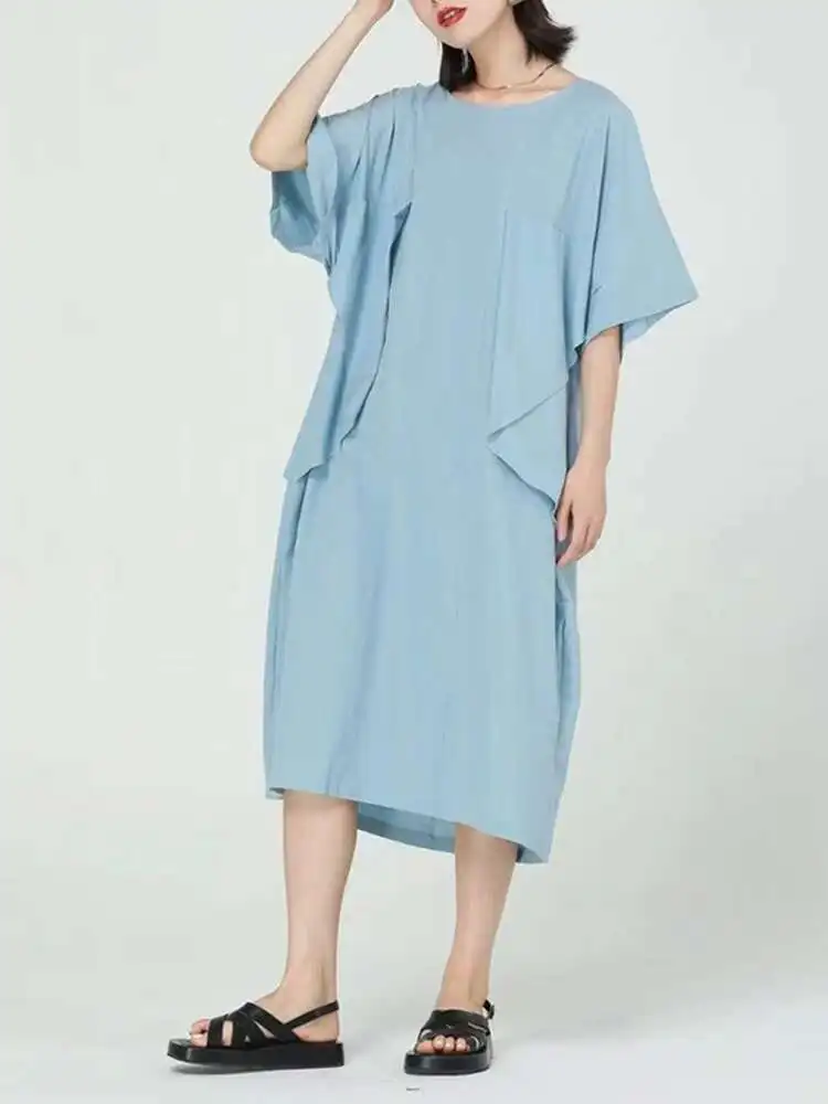 

Women Blue Pleated Irregular Big Size Midi Dress New Round Neck Short Sleeve Fashion Tide Spring Summer