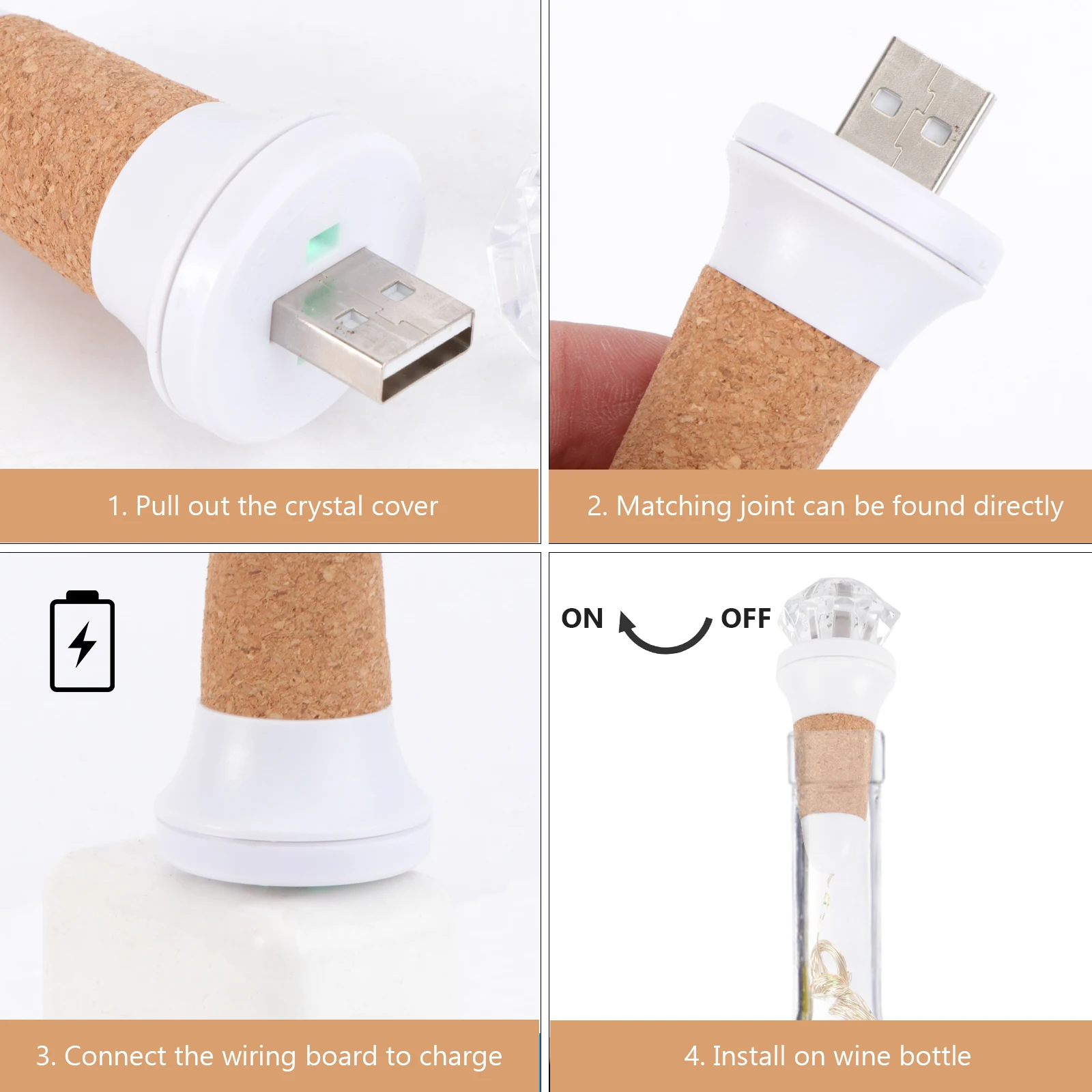 

Wine Bottle Light LED Diamond Cap Lights Chargeable Powered with Cork Switch
