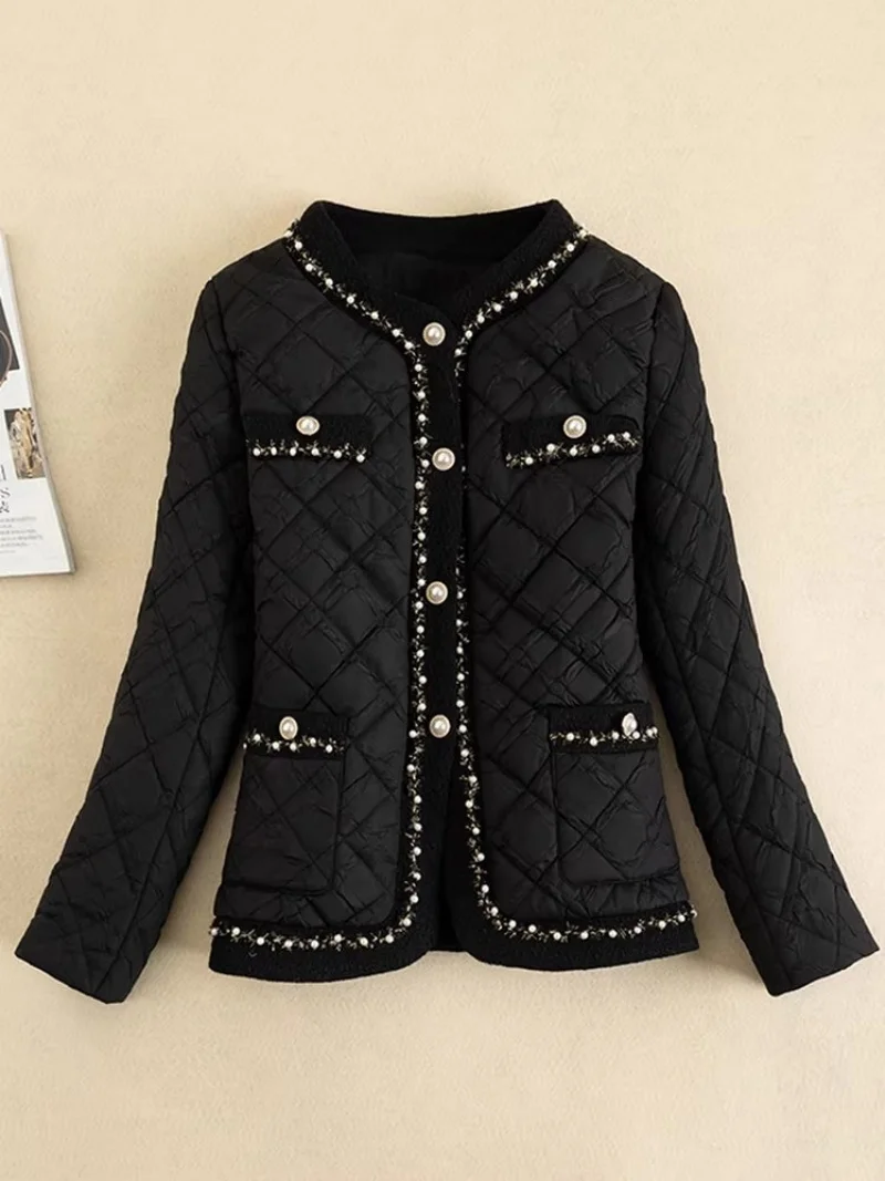 Women's Beaded Jacket Diamond Pattern Cotton Blazer Short Round Neck Suit Jacket for Women Autumn Winter Fashion Outerwear W1995