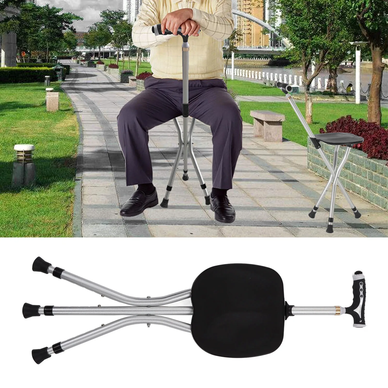 Cane Stool Foldable Prevent Slip Adjustable Height Aluminum Alloy Crutch Chair with Flashlight for Elderly Seniors Walking Stick