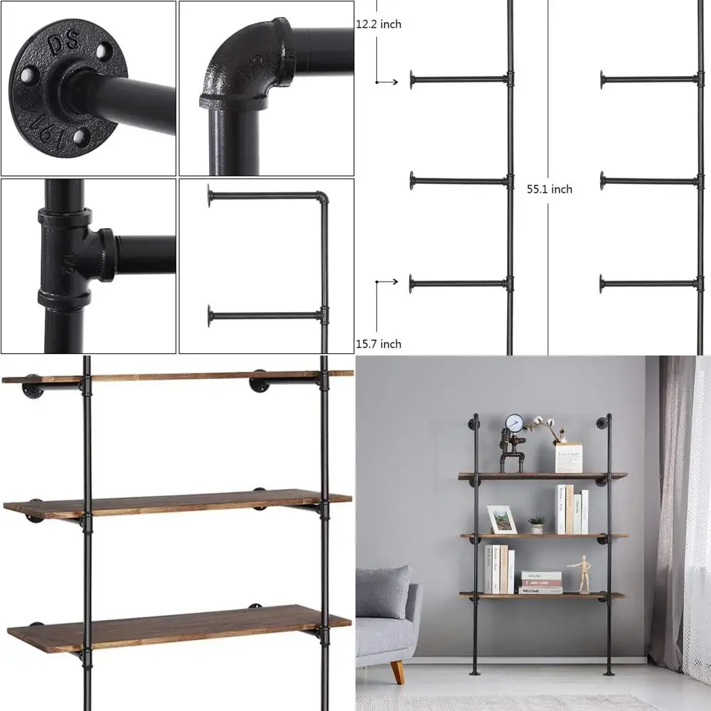 

Rustic Black Iron Pipe Wall Shelf - 4-Tier DIY Open Bookcase with Hanging Brackets (Set of 2)