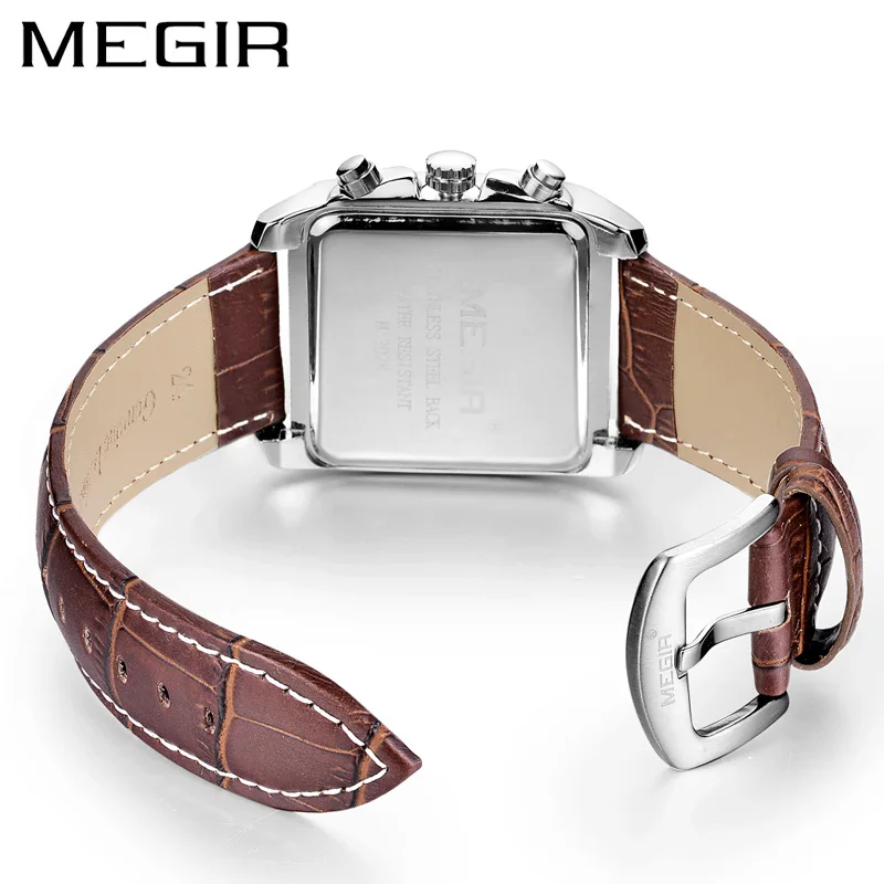 Fashion Megir Original Watch Men Top Brand Luxury Rectangle Quartz Military Watches Waterproof Luminous Leather Wristwatch Clock