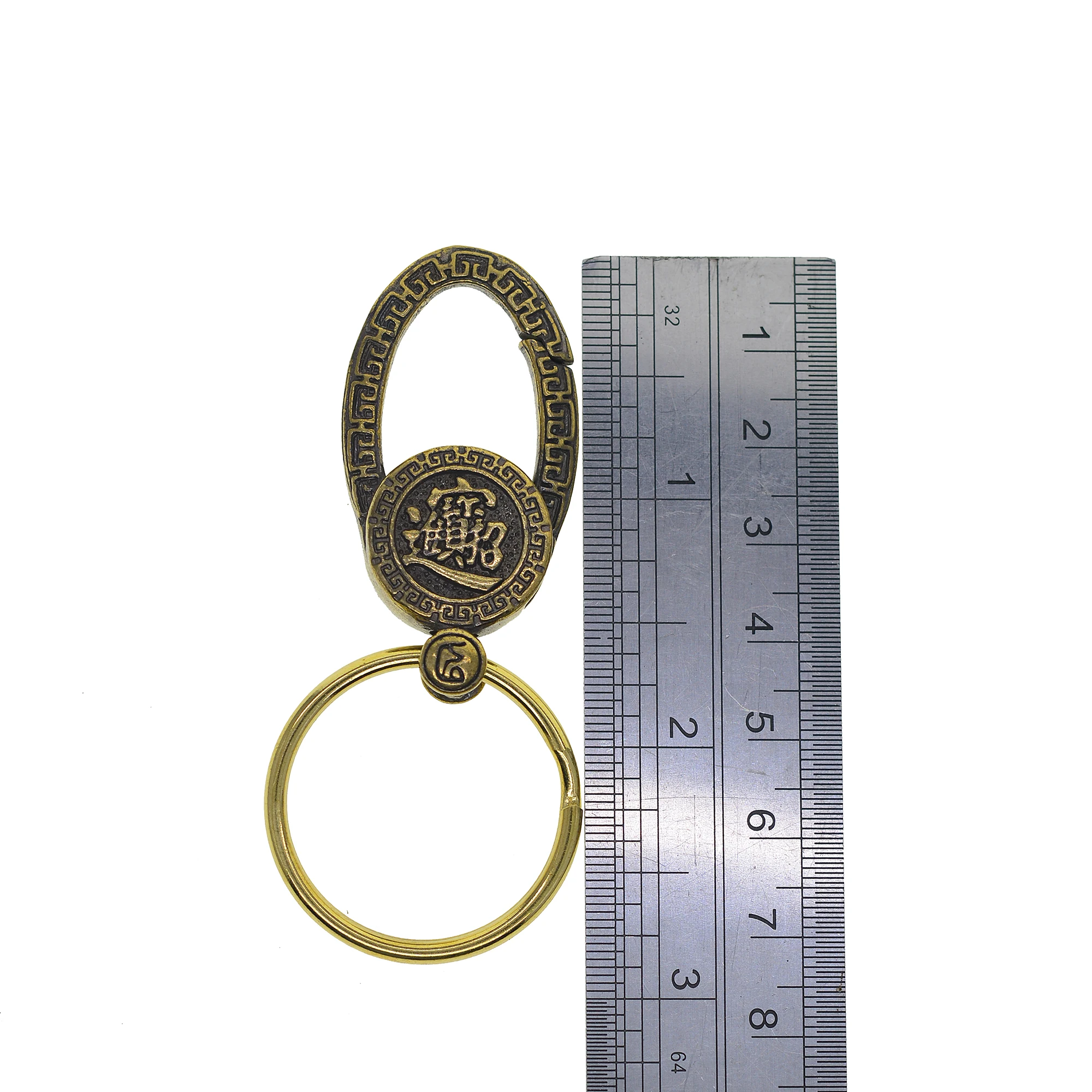 Solid retro brass 2.85 inch Good luck fortune Snap quick release 32mm split keyring backpack EDC FOB Keychains family gift