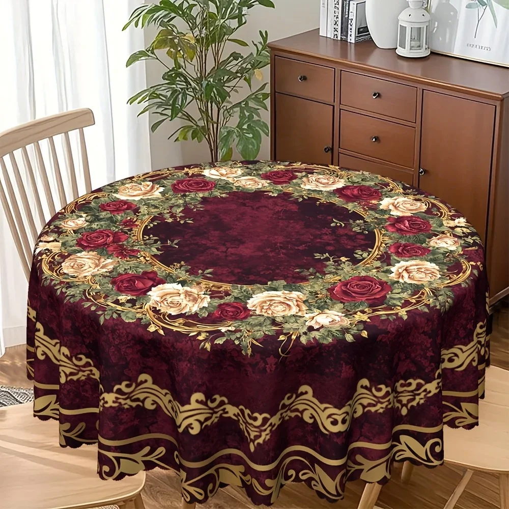 One elegant red gold French Rococo tablecloth, adorned with intricate floral patterns -
