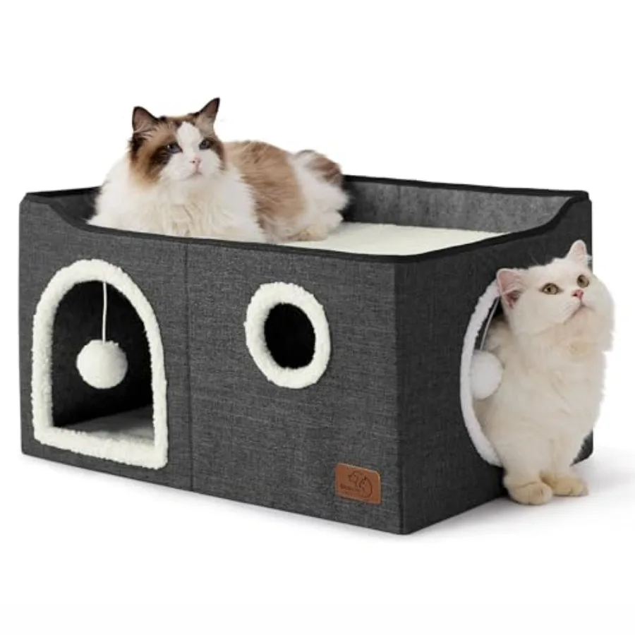 

Large Cat Beds for Indoor Cats - Extra Wide Cat Cube House for Small Pet with Fluffy Ball Hanging and Scratch Pad, Foldable Pet