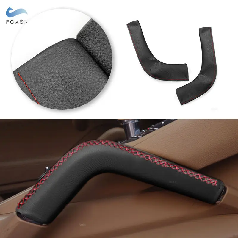 2Pcs Black-Red Line Car Interior Center Central Armrest Handle Cover Hand Sewing Leather For Porsche Cayenne 2011 2012 2013-2016