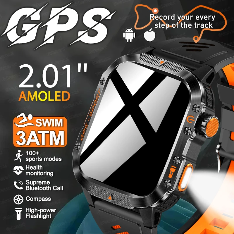 

NEW 2.01 AMOLED Screen Dual-band GPS Smart Watches Man Compass Swim Smart Watch IP68 Waterproof 540mAh Battery LED Flashlight