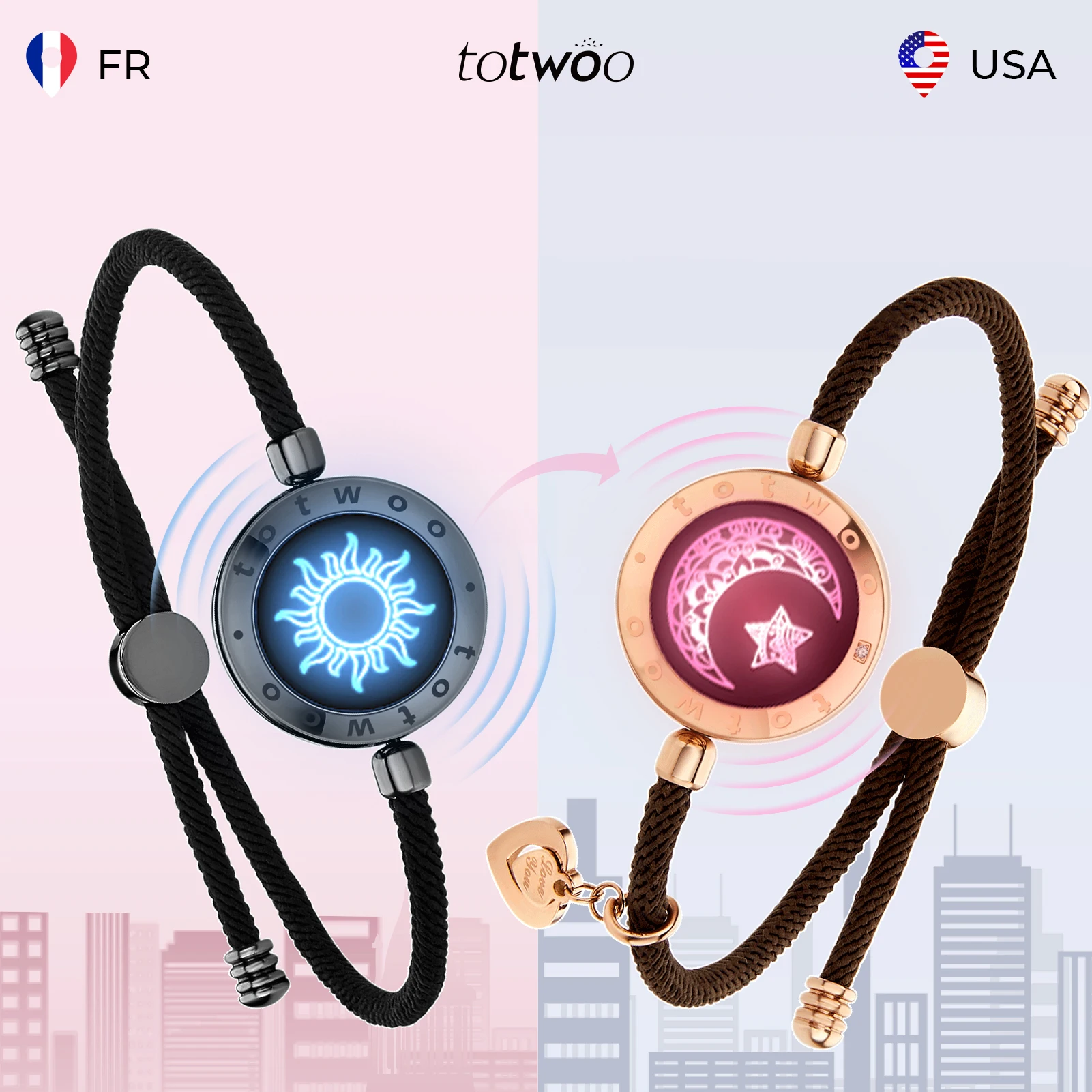 TOTWOO Pulseras de regalo para el Día de San Valentín Pulsera táctil de larga distancia para parejas, joyería de emparejamiento Bluetooth con vibración y luz