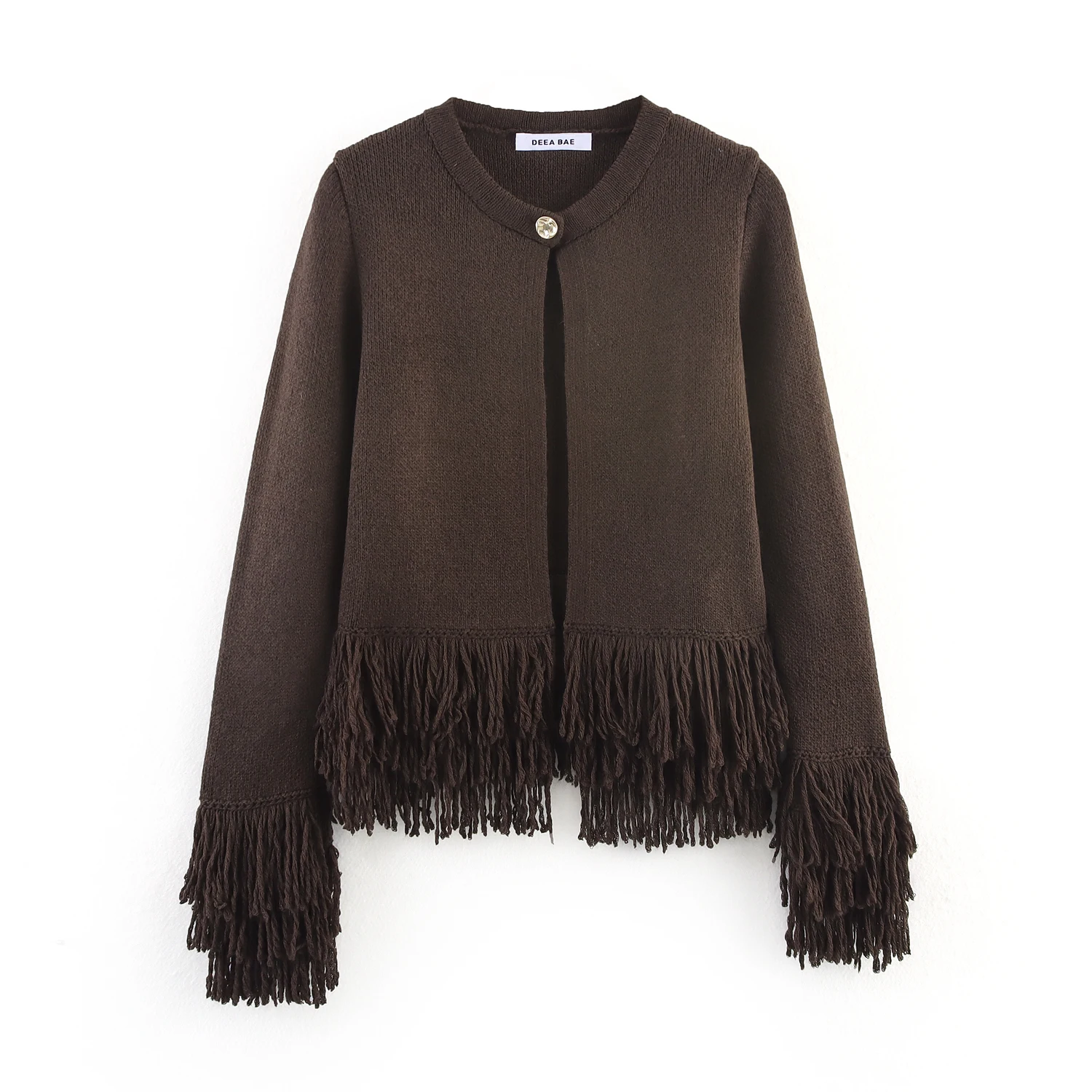 

Women's clothing autumn new products versatile casual and fashionable tassel single button round neck long sleeve knitted jacket